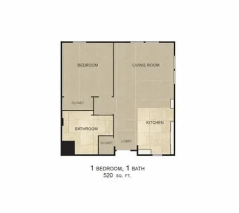 Floor plan for 1 bed, 1 bath, 1070 sqft